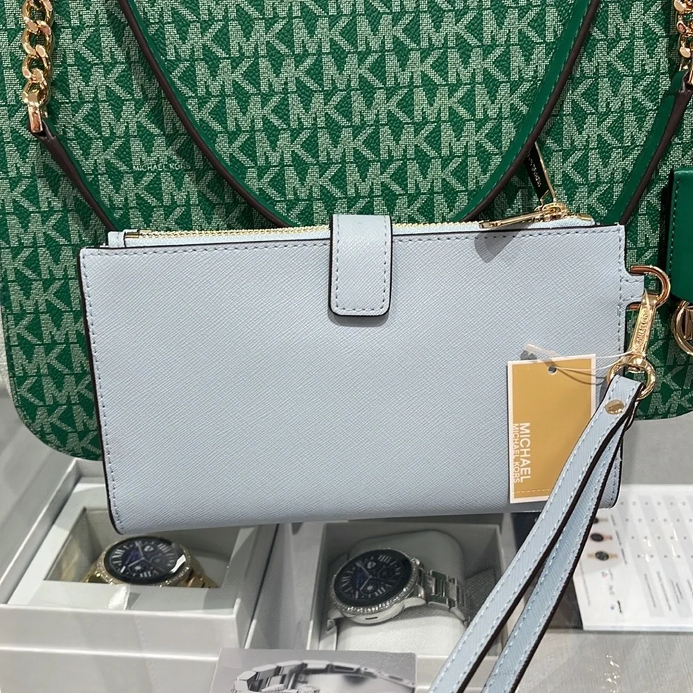 MICHAEL KORS LARGE DOUBLE ZIP WRISTLET WALLET PHONE CASE CLUTCH Vista Blue